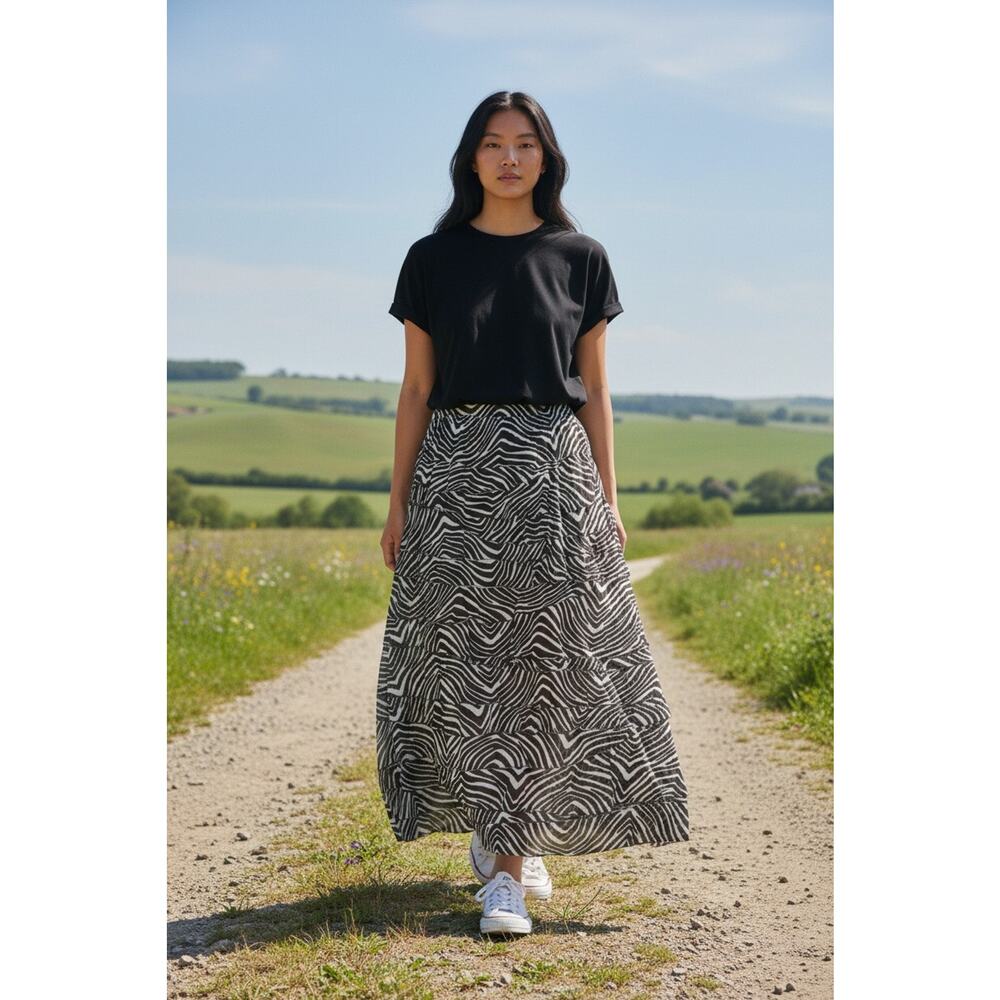 Soft Surroundings Skirt Womens Petite M Gray Zebra Maxi Tiered Ruffle Knit Boho